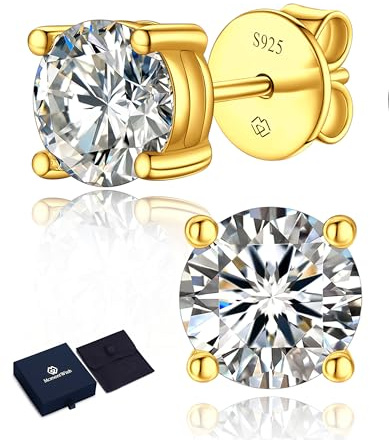 MomentWish Moissanite Ohrstecker Gold 585, 2 Karat/6,5 mm Goldene Ohrringe Damen mit Stein Hypoallergene Echt Silber Geschenk für Frauen Mama-4 Prong