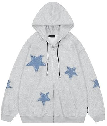 CYee Y2K huvtröja kvinnor grunge stjärnor dragkedja sweatshirt Acubi Emo överdimensionerad jacka med huva Harajuku pullover Alt kläder, Grått, S