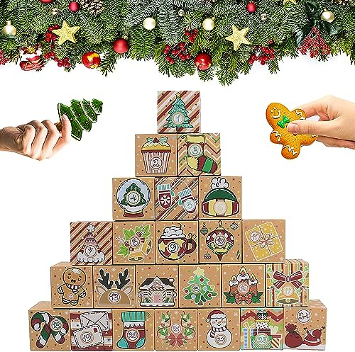 Elephant-package Lot de 24 boîtes cadeaux en papier kraft pour calendrier de l'Avent de 24 jours, boîtes cadeaux de Noël pour enfants et adultes, école, bureau, décoration de Noël (style mignon)