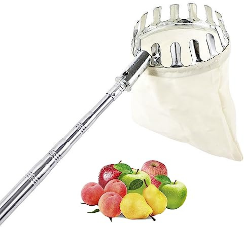 LekLai Recolector de Frutas, Herramienta Telescópica para Recoger Frutas, Recogedor de Frutas de Acero Inoxidable con Poste de Extensión para Cosechadora de Frutas de Manzana, Pera, Cereza, Mango, N