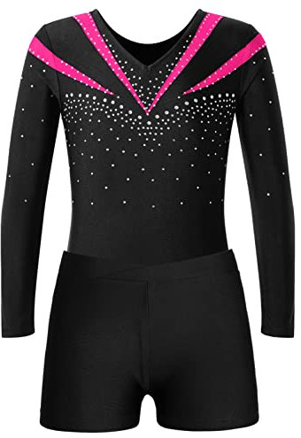 Jugaoge Mädchen Turnanzug Strasssteine Gymnastikanzug Langarm Trikotanzug mit Bein Sport Yoga Fitness Training Shorts Kurze Hose Tanz Kleidung Set Hot Pink 122-128