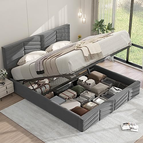 WIZBED Polsterbett 140x200 mit Lattenrost und höhenverstellbares Kopfteil, Doppelbett Gepolstertes Bett mit Bettkasten,Stauraumbett,Jugendbett Gästebett Samt, ohne Matratze, Grau