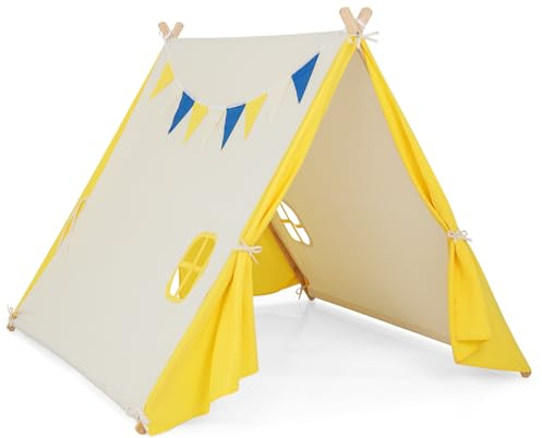 COSTWAY Kids Teepee Tent, Cotton Children’s Play Tents with Flag, Windows, Indoor Outdoor Playhouse for Girls & Boys