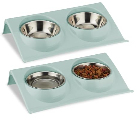 Relaxdays Ciotole Rialzate per Gatti, Set da 2, Doppie Scodelle da 150 ml, Cibo e Acqua, 6,5x29x19 cm, Plastica, Blu, Acciaio Inox