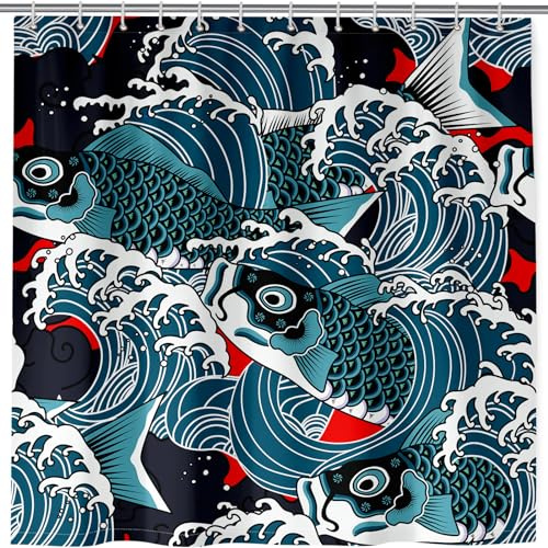ANHOPE Japanisch Welle Fische Duschvorhang Anti-schimmel Wasserdicht Waschbar Duschvorhänge 180 x 180 cm Shower Curtains Polyester Stoff Bad Vorhang für Badzimmer mit 12 Haken