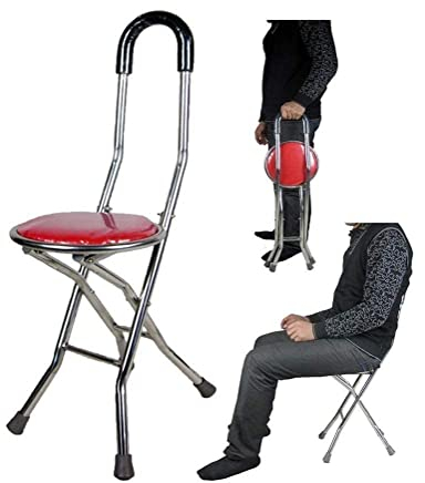 Gehstock-Sitz-Klapphocker, Edelstahl-Krückenhocker für ältere Menschen, leichter Vierfach-Klapphocker aus Gehstock, leichtes Aluminium, maximales Benutzergewicht 150 kg, als Geschenk für ältere Eltern