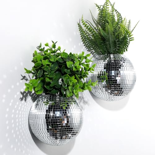 Maxcheck 2 Pcs Disco Ball Planter 4.7 Inch Mirror Disco Ball Wall, Silver | Hanging Planter Glass Vase, Boho Flower Pots Plant Terrariums, Indoor Outdoor Home Decorations