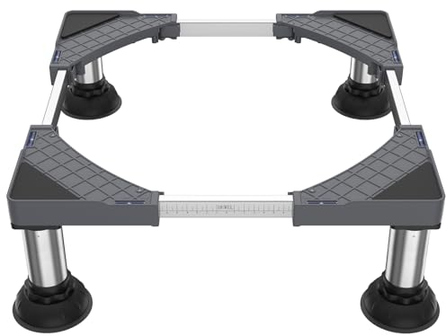 DEWEL Base Lavadora, Soporte para Lavadora Secadora Frigorífico con 4 Pies de Acero Inoxidable, Base Elevador Lavadora Ajustable Ancho/Longitud 45-65cm, Altura 15-18cm, Carga 250kg (Gris)