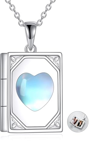 POPLYKE Buch Herz Halskette Sterling Silber Mondstein Buch Herz Anhänger Kette Erinnerung Foto Halter Schmuck Geschenk für Frauen