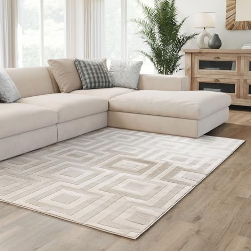 Interiyou Tappeto salotto pelo corto Cannes - 120x170 cm Crema - Stile boho scandinavo con effetto 3D alto-basso - Piatto con motivo geometrico