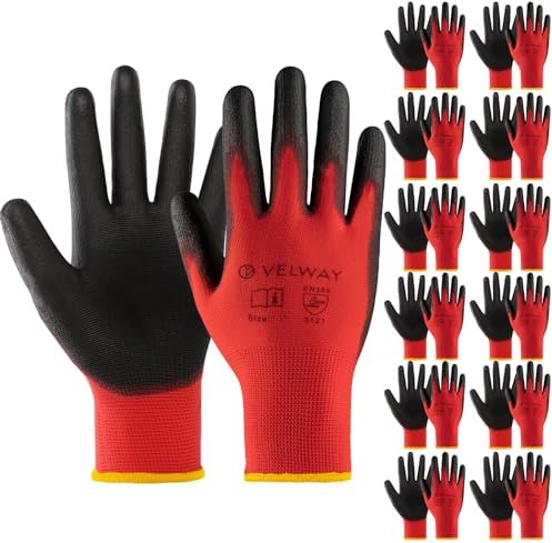 Velway Guanti da Lavoro Protettivi 12 Paia - Resistenti all'Abrasione - Fibra Poliestere con Rivestimento in PU - Versatile Protezione Meccanica Industriale Giardinaggio Montaggio - Rosso Taglia 8/M