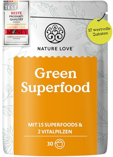 NATURE LOVE® Green Superfood - 300g - 15 Superfoods und 2 Vitalpilze - u.a. mit Gerstengras, Spirulina & Moringa - Greens Pulver ohne Aromen, Süßstoffe oder zugesetzten Zucker - vegan & laborgeprüft