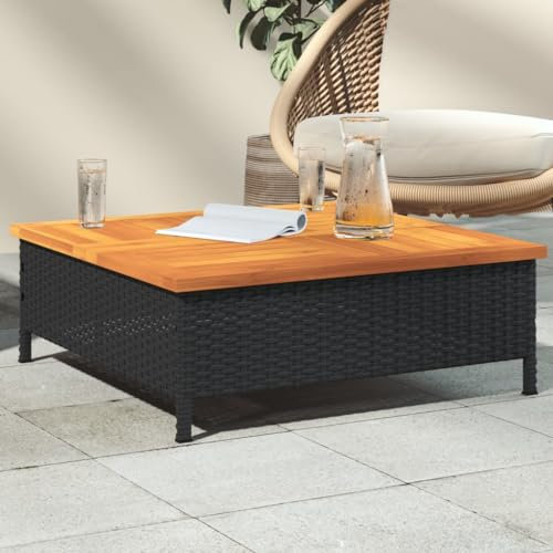 Sufrk Gartentisch Terrassentisch Wetterfest Lounge Tisch Outdoor BalkonhäNgetisch Schwarz 70x70x25 cm Rattan und Akazienholz