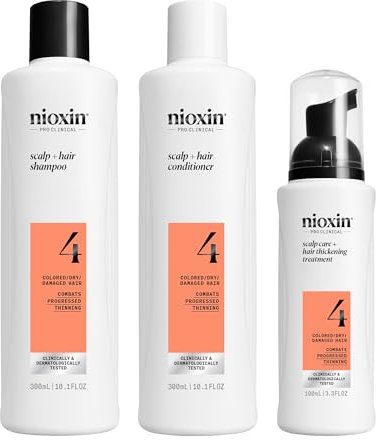 Nioxin Scalp + Hair Thickening System 4 Loyalty Kit - Hair Thickening System for Coloured, Dry and Damaged Hair with Progressed Thinning - Shampoo, Conditioner and Scalp Treatment, 300+300+100ml