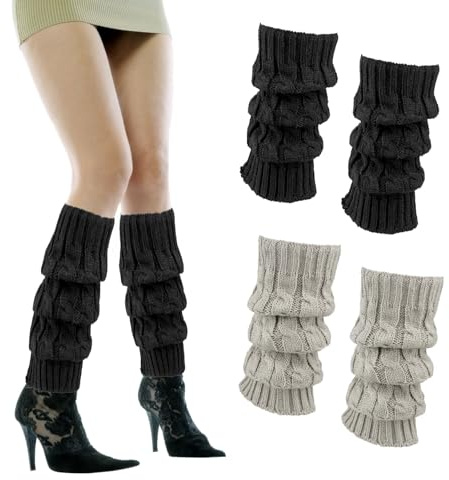 Deepton Leg Warmers, 2 Pairs Knitted Leg Warmers Ladies, Warm Long Knee Boots Ankle Warmers for Winter Autumn Women and Girls Dance Yoga Skating Accessories (Black/Light Gray)