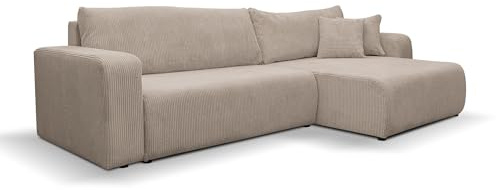 VENASI MÖBEL Ecksofa mit Schlaffunktion Luna XL, Beige Cordstoff | Sofa mit Bettkasten, Schlaffläche 125 x 230 cm, inkl. Kissen & Aufbauanleitung