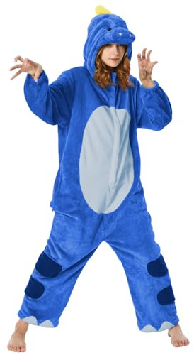 OLAOLA Vuxen onesie, blå dinosaurie djurkostym, unisex onesies plysch halloween jul cosplay pyjamas fest endelad nattkläder