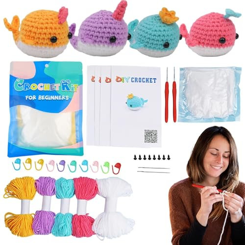 Bexdug Anfänger-Häkelpaket für Erwachsene, Wal-Häkelpaket | Strick-Starter-Set für Erwachsene, Meerestiere, Wal-Bastelarbeiten | Starter-Set zum Häkeln lernen für Experten, Anfänger, Frauen, Männer,