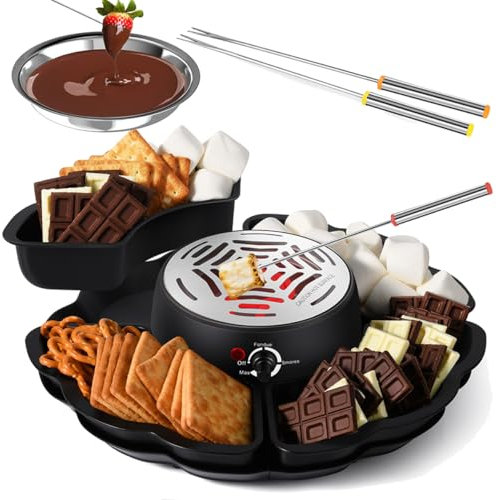 2-in-1 Chocolate Melting Pot, 12-ounce Chocolate Fondue Set with 4 Detachable Trays, 4 Roasting Forks and 1 Heated Bowl, 280W Fondue Pot Electric Set for Graham Crackers, Chocolate, Marshmallows