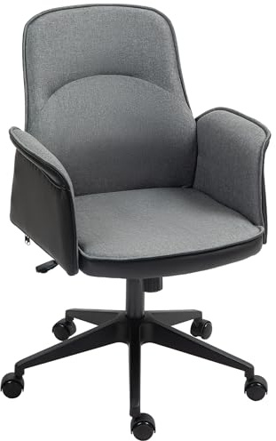 HOMCOM Silla de Oficina Basculante Silla de Escritorio Giratoria Tapizada en PU y Lino Altura Ajustable Reposabrazos Silla de Estudio Carga 120 kg Gris y Negro