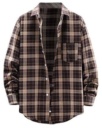 ofeirhz Shirt for Men Flannel Plaid Long Sleeve Shirts Men's Casual Button Down Shirt Soft Plaid Regular with Pockets Outdoor House (Brown, M)