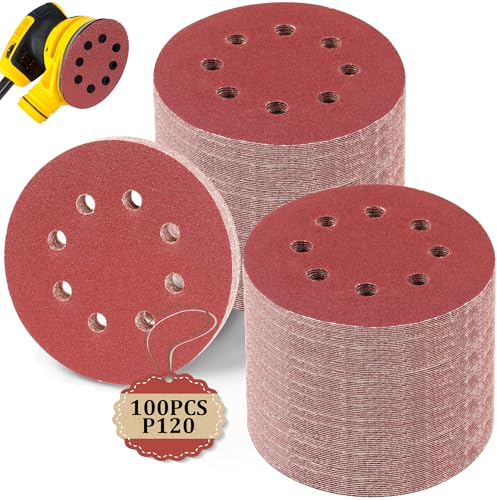 100 Stück P120 Schleifpapier 125mm Klett, Schleifscheiben 5 in 8 Loch, Wandschleifer für Holz, Metall, Kunststoff, Zubehör für Elektrowerkzeuge