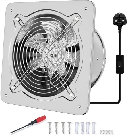 FanGoFast 8 Inch/200mm Kitchen Exhaust Fan 980m³/h Metal Extractor Fan with UK Plug Low Noise Stainless Steel Ventilation Fan for Warehouse Home Restaurant Garage (Silver, 200mm)