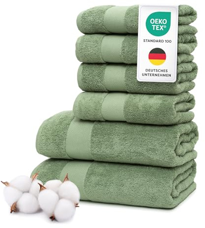Wolkenfeld Handtücher Set 6-teilig Premium – 100% Low Twist Baumwolle, 550 g/m² – Ultra Weich & Saugfähig, Oeko-TEX Zertifiziert – 4 Handtucher 50x100cm & 2 Badetucher 70x140cm Duschtuch, Grün