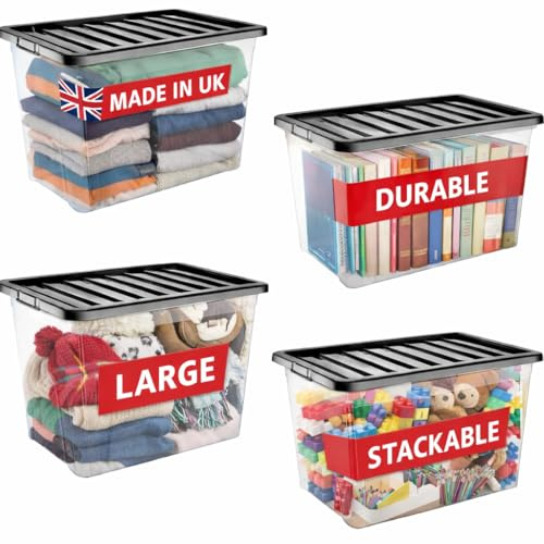 RelianceUK 4 X 30L Plastic Storage Box with Black Lids - Medium Size Durable Storage Boxes | Stackable & Nestable Storage Containers for Home, Garage, Office & School (30 Litre / 4 Pack)
