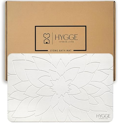HYGGE INTERIOR LIVING Premium Engraved Stone Bath Mat - Instant Dry Non-Slip Diatomaceous Earth Shower Mat, Modern Luxury Spa Stone, Elegant Bathroom Floor Rug Decor, 23.6 x 15.4 Inches - Ivory Bloom
