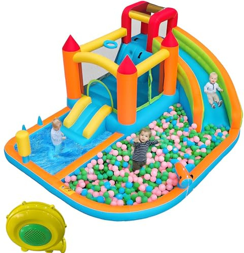 GYQSSD Parque Acuático Multifuncional Al Aire Libre. Castillo Hinchable con Soplador, Tobogán + Cama Elástica + Canasta De Baloncesto + Pistola De Agua, 2 Zonas De Piscina, para Uso En Seco Y Mojado