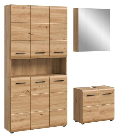 xonox.home – 3 TLG. Kompakte Badkombination Ice 165x185x30 cm in Korpus und Front Artisan Oak Nachbildung – Stilvolles Möbel-Set für Moderne Badezimmer – pflegeleicht & funktional