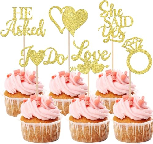 HSC 24 Pack Engagement Cupcake Toppers Wedding Cupcake toppers Gold Glitter, Wedding Cake Decorations, He Asked She Said Yes Bridal Shower Bachelorette Party Supplies