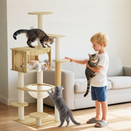 PETCUTE Torre de Gato Grande de Madera, Árbol para Gatos de 124cm con Poste Rascador,Escalera,Plataforma de Observación,Perchas y Nido de Cápsulas, Juguete,para Gatos de Interior
