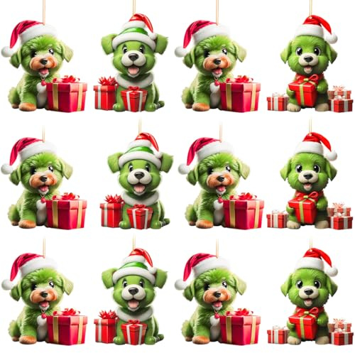 12 Stück Grinch Weihnachtsdeko Anhänger, Grinch Deko Weihnachten, Grinch Weihnachtsbaum anhänger, mit Elastischer Kordel 2D Acryl Anhänger, G-rinch Weihnachtsbaumschmuck für Partydekoration