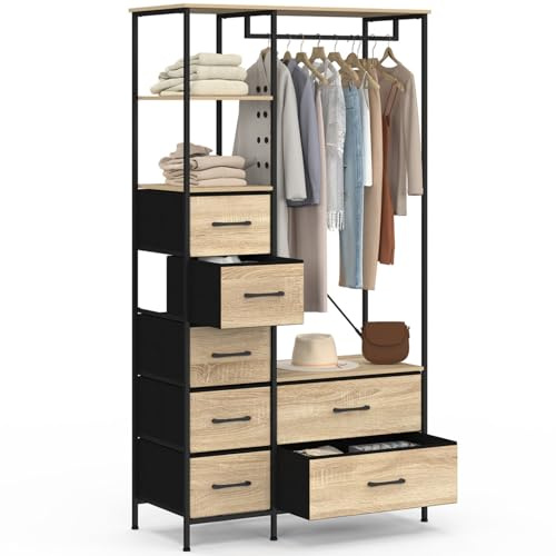 IDMarket - Ankleidezimmer Kleiderschrank + Säule B. 90 cm UTAH mit 2 Regalen und 7 Behältern aus Stoff in Holz und Schwarz