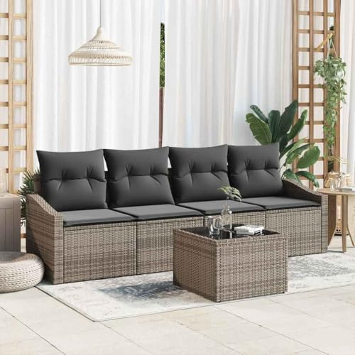 Yunovire Garten Loungeset, 5-teiliges Sofa Set mit Kissen, Stauraum, Grau Poly-Rattan, modular, wetterfest für Balkon, Terrasse, Garten