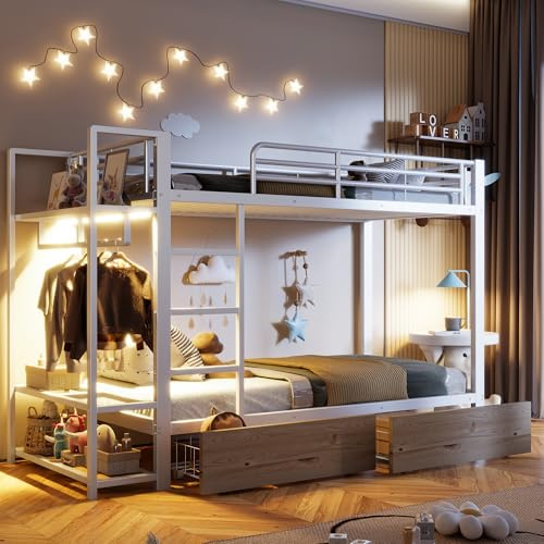 YuQozii Cama apilable, marco de hierro, 2 cajones, varias superficies de almacenamiento, con barra de luz LED, con barra para ropa, colchón no incluido, cama doble (Blanco, 90x200 cm)