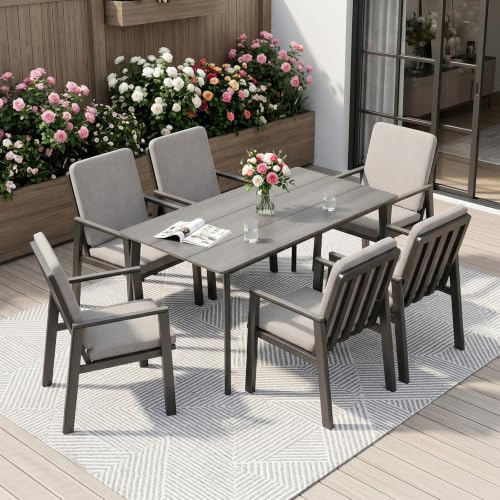 Atenza Gartenmöbel Set 7-teilig wetterfest, Tisch 150x80 cm, 6 Stühle | Aluminiumgestell, PS-Holzoptikplatte, Auflagen mit Haltebändern, verstellbare Füße, für Terrasse Garten Balkon