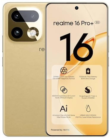 realme 16 Pro+ 5G Smartphone 12GB + 512GB, 200MP LumaColor Cámara + 50MP, Teléfono Móvil con Procesador Snapdragon® 7 Gen 4, Batería 7000mAh y Carga de 80W, Móviles de 6.8 144Hz AMOLED Pantalla, Oro