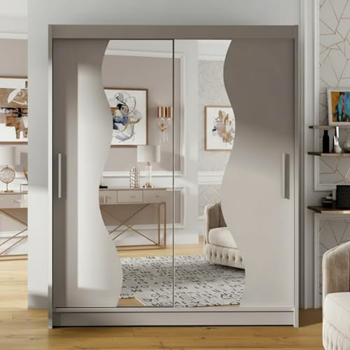 Bortaberg WESTA S Sliding Door Wardrobe with Front Mirrors, Versatile 150cm Large Storage Unit for Bedroom, Cashmere Finish, Without LED Lighting, Practical Internal Layout with Shelves and Rail