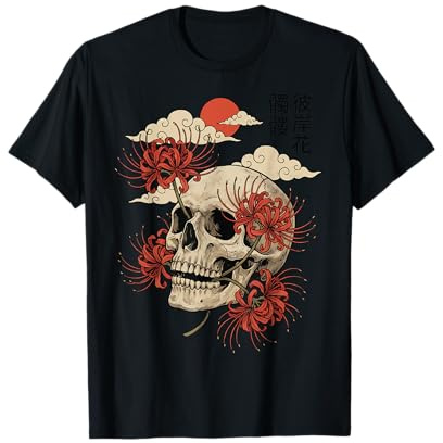 Teschio Giglio Ragno Rosso Fiore Giapponese Estetica Maglietta
