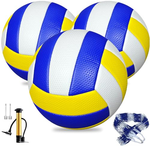 TXONKEXU 3 Pack Soft Touch Volleyballs Official Size 5, Indoor Outdoor Beach Gym Training Game Balls for Beginners & Adults with Pump, Needle & Mesh Bag