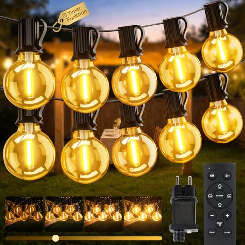 Lichterkette Außen Strom 30m, Dimmbar & Timer LED Lichterkette Outdoor mit Fernbedienung, IP65 Wasserdicht Lichterketten Glühbirnen, Außenbeleuchtung für Garten Pavillon Terrasse Balkon Party Draußen