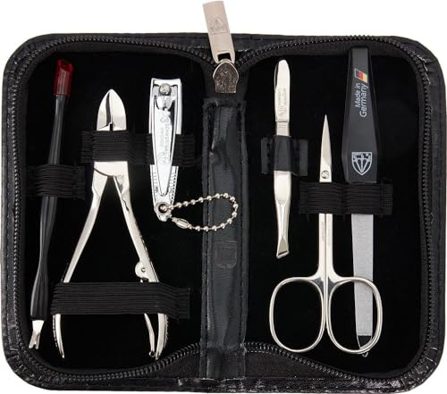 DREI SCHWERTER - Germany 6-tlg. Maniküreset 'Torino' | Set im Nageletui aus Echt Leder schwarz | Inhalt: Hautschere, Nagelknipser, Nagelzange, Pinzette, Saphirnagelfeile, Nagelhautentferner