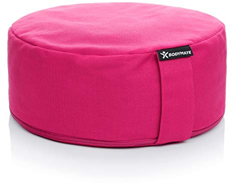 BODYMATE Cojín de Yoga Redondo | 31 cm diámetro 13 cm Alto | Relleno de cáscaras de Trigo sarraceno | Funda extragruesa y Lavable en Lavadora de algodón 100% | Cojín de meditación | Cojín de Asiento