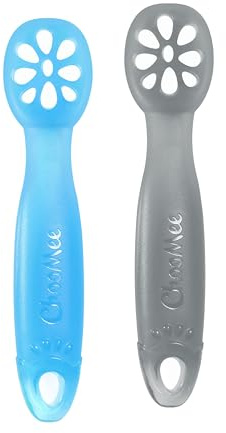 ChooMee FlexiDip Baby Starter Spoon | Platinum Silicone | First Stage Teething Friendly Learning Utensil | 2 CT | Blue Grey