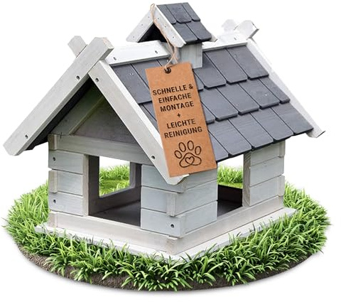 Melko Vogelhaus Vogelfutterhaus mit Dachschindeln 44x34x37 cm Weiß Grau | Futtersilo aus Fichtenholz, große Einflugöffnungen, Futter bleibt trocken, Anflugsteg, leicht zu reinigen, vorbehandelt