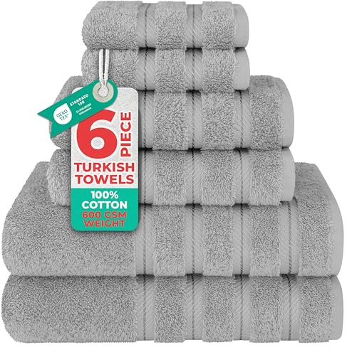 American Soft Linen Luxury 6 Piece Towel Set, 2 Bath Towels 2 Hand Towels 2 Washcloths, 100% Turkish Cotton Towels for Bathroom, Light Grey Towel Sets