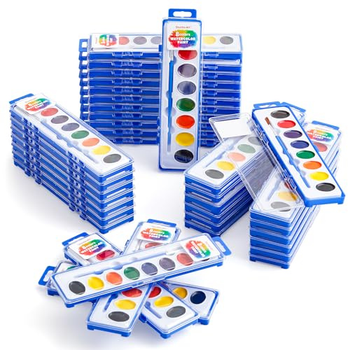 Shuttle Art 40 Pack Watercolour Paints Set Bulk, 8 Colours Watercolour Paints Pack with Paint Brush for Kids and Adults, Washable Paints Set for Children Classroom, Parties, School and Art Activities